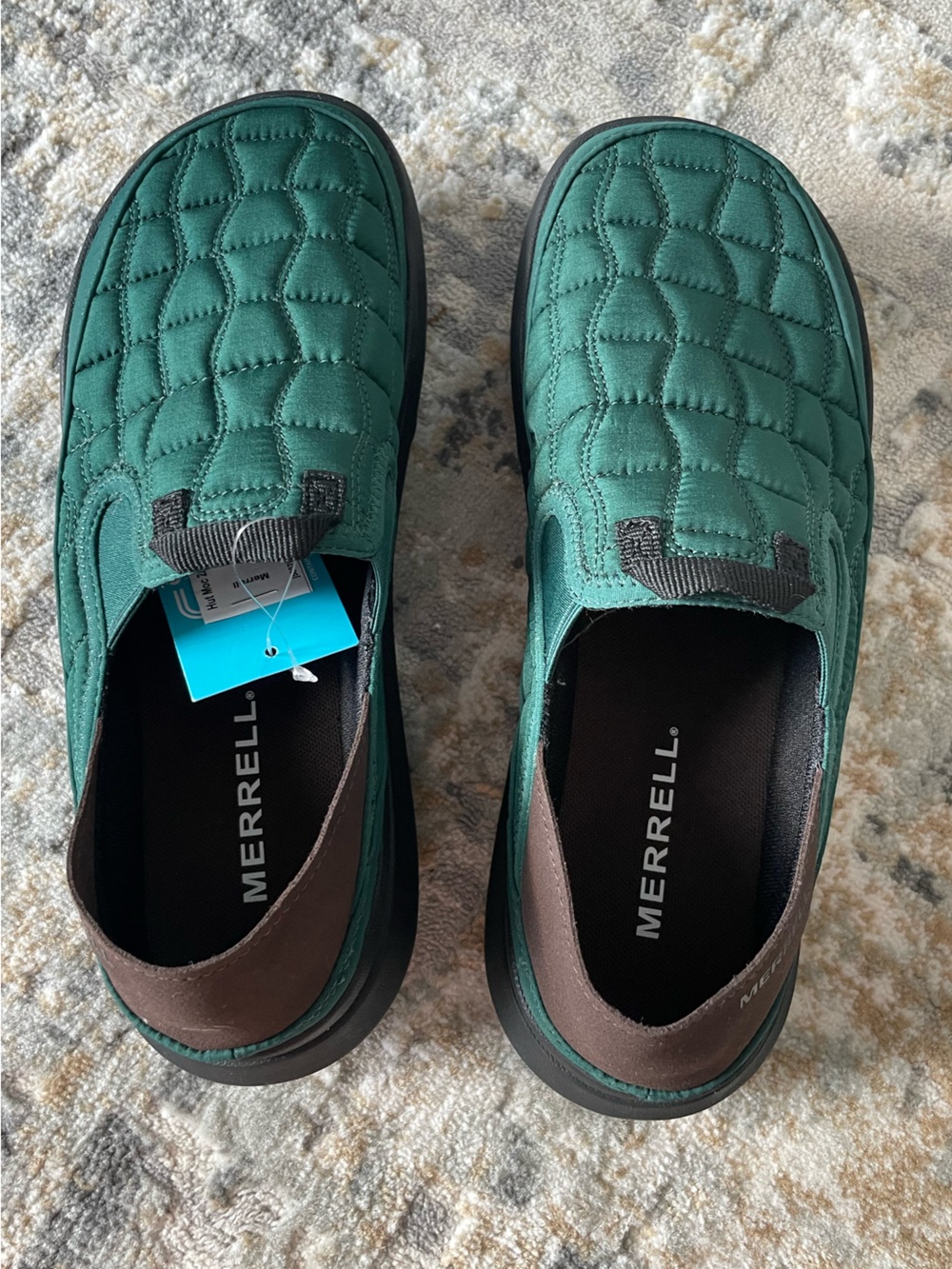 Merrell Men’s New Quilted Slip-On Loafers in Teal and Brown